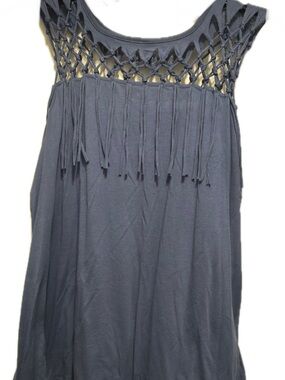 Sleeveless Fringe Macramé Yoke Tank - Slate Blue